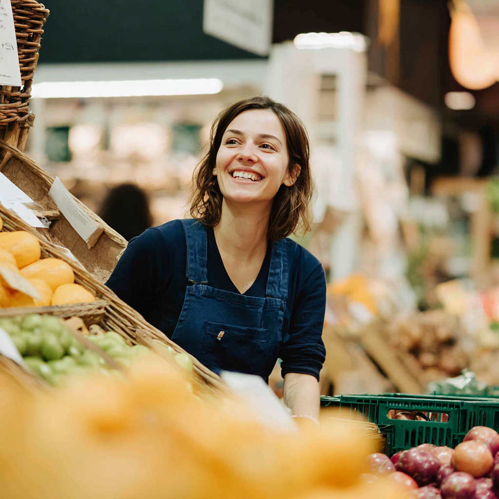 Retail worker smiling at a fruits and vegetables stand